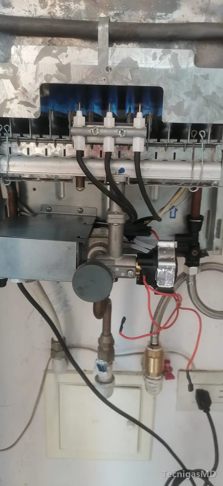 Calentador a gas de paso sin cubierta con llama azul en el quemador, tres electrodos, válvula de gas y cableado a la vista