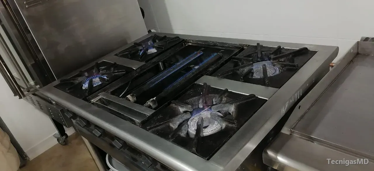 Estufa industrial a gas con cuatro quemadores de anillo y dos quemadores alargados encendidos con llama azul